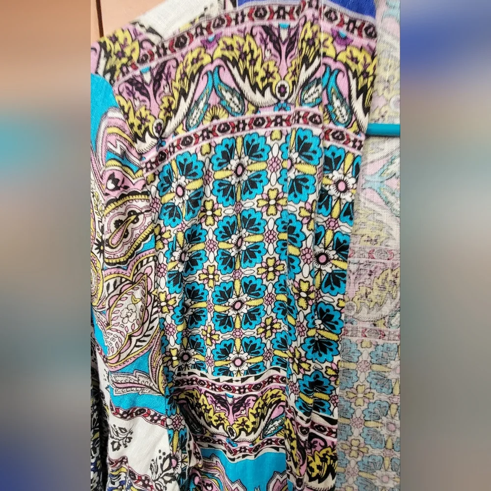 Chico's Linen Open Cardigan XL/16 3 Boho Patchwork Blue Green - Picture 2 of 5